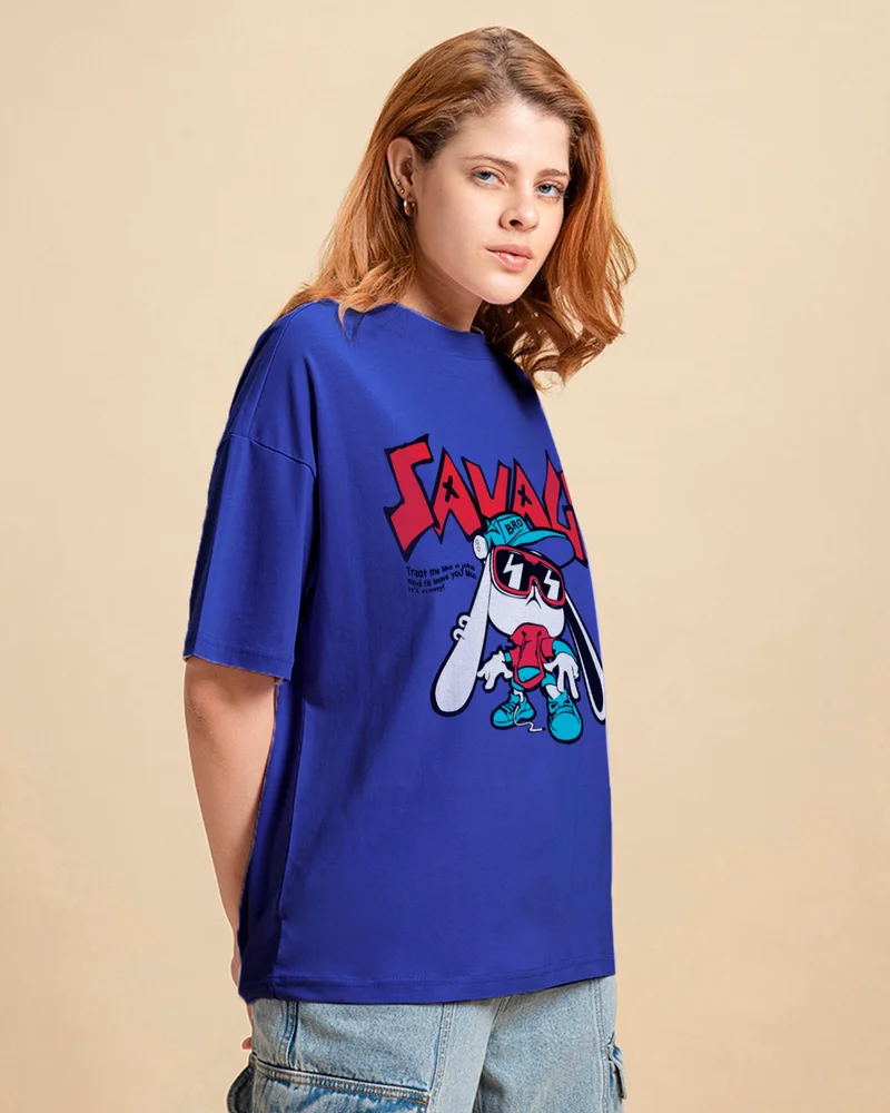 بيواكوف Women's Blue Being Savage Graphic Printed Oversized T-shirt